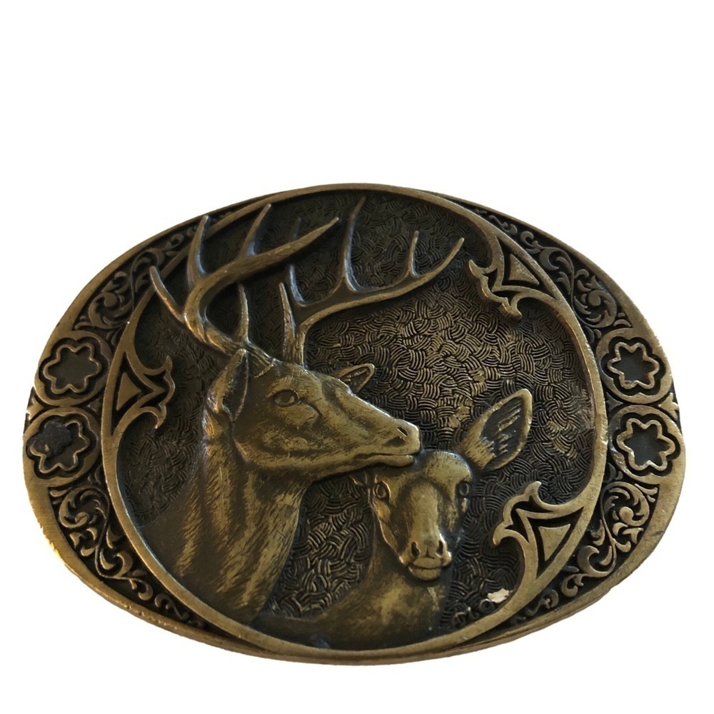 Award Design Medals brass belt buckle with deer. Buck and doe. Hunter, nature